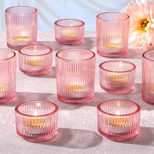 NITIME 20pcs Assorted Ribbed Pink Votive Candle Holders, Tealight Candle Holder for Valentine's Day, Pink Candle Holders for Wedding Table Decor, Mother' s Day, Bridal Shower and Party Decorations by NITIME