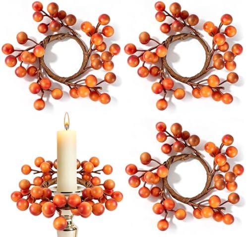 4 PCS Fall Taper Candle Rings Wreaths 1.38" Mini Thanksgiving Taper Candle Holder Wreaths with Orange Berries Autumn Harvest Table Centerpieces Wreath for Wedding Farmhouse Home Candlesticks Decor by Unknown
