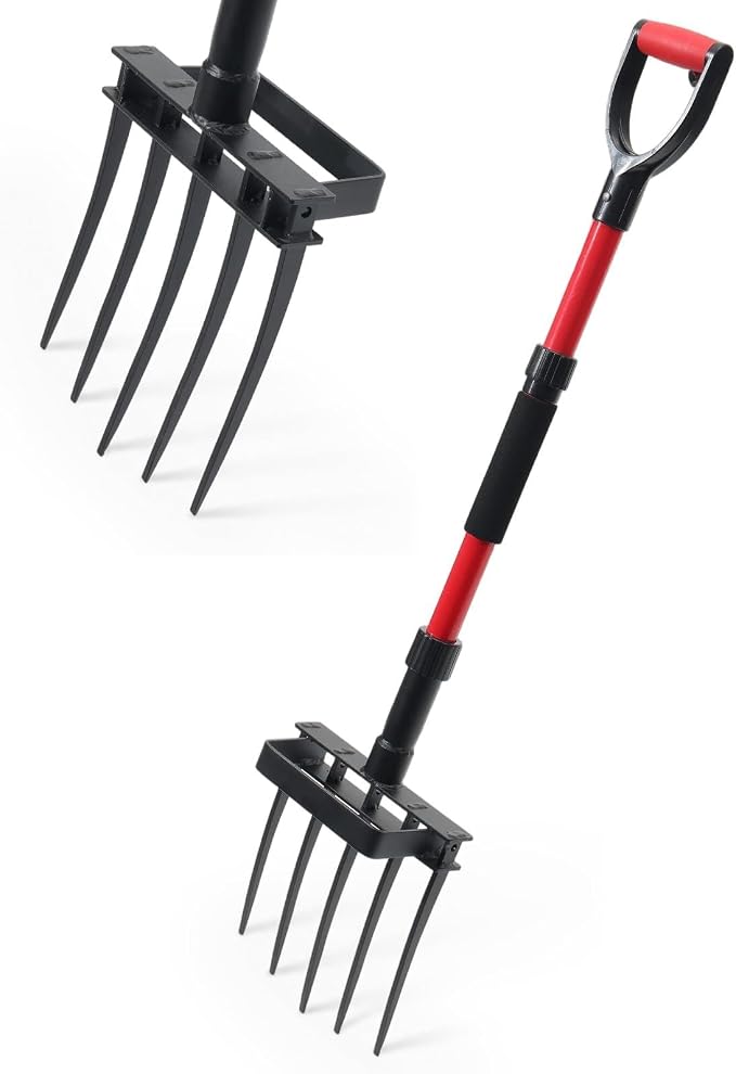 Garden Fork, 43 Inch Pitch Fork with Fiberglass Handle & Foot Bracket, Heavy Duty 5-Tine Pitchfork for Gardening, Breaking up Dirt, Loosening Soil, Digging Potatoes, Turning Compost, Mulching, Weeding