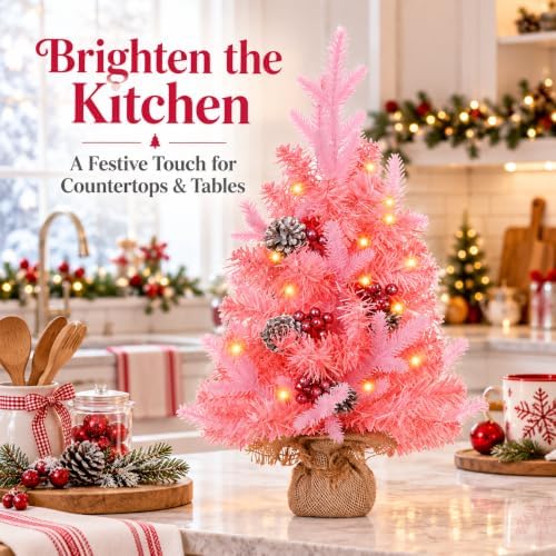 MEETYAMOR 2 FT Mini Christmas Tree, 24" Prelit Pink Small Artificial Tabletop Christmas Trees Decor with Timer, Outdoor Indoor Porch Table Centerpieces Xmas Christmas Decorations - Image 5