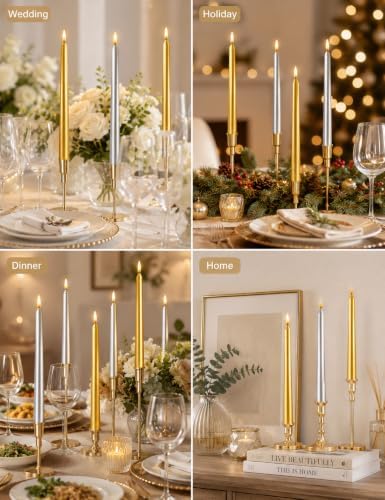10 Inch Metallic Taper Candles - 6 Gold and 6 Silver, 7-8 Hrs Long Burning, Dripless Smokeless Unscented Candlesticks, Premium Wax Blend for Wedding Christmas Dinner Parties and Luxury Home Decor - Image 7