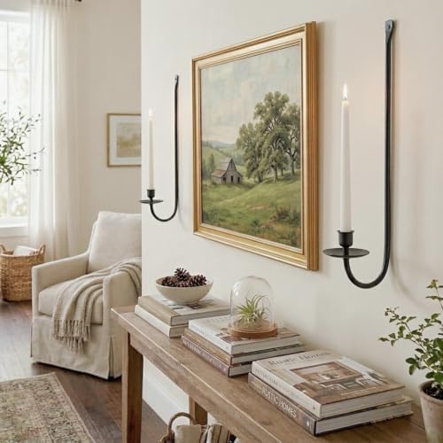 Metal Wall Candle Sconce Holder Set of 2 Wall Mount Candle Holder Holder Black Modern Wall Candle Sconces Hanging for Living Room Farmhouse Fireplace Wedding - Image 2