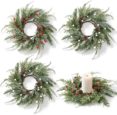 4 PCS Christmas Wreath Candle Rings Mini Wreath Pine Garland Artificial Frosted Cedar and Pine Cone Candle Rings Holder for Christmas Wedding Home Table Centerpiece Door Window Chair Wall by Unknown