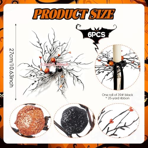 Halloween Candle Rings, Set of 6 Artificial Black Twig Wreath Candle Holder Rings with Orange Black Berries, Mini Twig Candle Rings for Taper Candles, Halloween Table Centerpiece Decor - Image 3