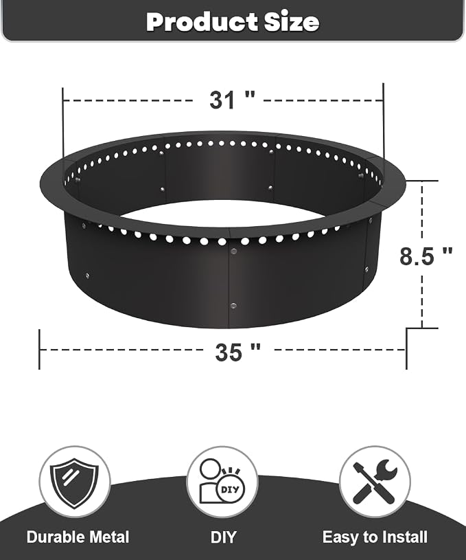 31 Inch Smokeless Fire Pit Ring Insert Outdoor, Heavy Duty Metal Steel DIY Firepit Rim Liner Round Campfire Rings for Outside Wood Burning Above or In-Ground, Black