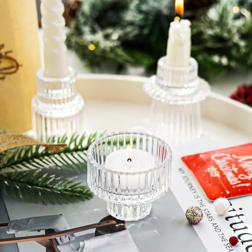 Ribbed Glass Candlestick Holders 6PCS Clear Candle Stick Holders for Tealight Taper Candles Dining Table Centerpieces Holiday Decoration - Image 3