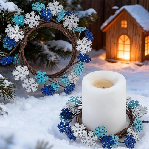 Daifunli 2 Pcs Winter Blue Snowflake Candle Rings Snowflake Wreath Glitter Vintage Wood Wreaths for Pillar 3.9 Inch Candles Holder for Winter Christmas Rustic Table Centerpiece Decor - Image 4