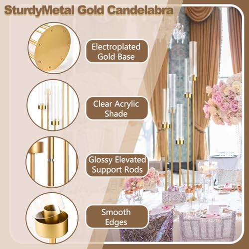 5 Arm Candelabra with Acrylic Lampshade Set of 4 Gold Candelabra for Wedding Table Birthday Party Home Decoration 39.4'' Candle Holder Fit LED Taper Candles - Image 4