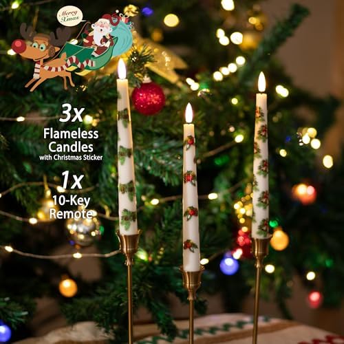 Christmas Flameless Taper Candles with Pine Leaves, Pine Cones, Bells - Image 5