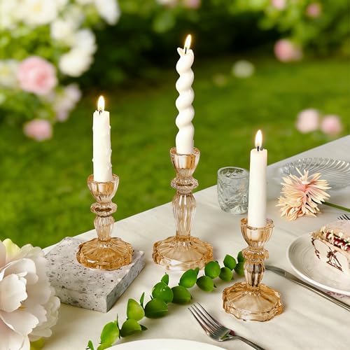Glass Candlestick Holders Set of 3, Amber Stripe Taper Candle Holders for Table Centerpiece, Home Decorations, Wedding and Party - Image 5