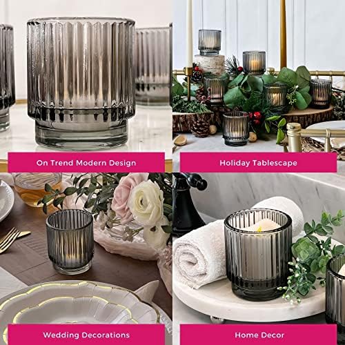 Kate Aspen Ribbed Glass Candle Holder Set - 6 Smoke Gray Tealight Holders for Home, Kitchen, Room or Living Room Decor - Vintage Tea Light Votive Accent for Table or Shelf Styling - Image 5