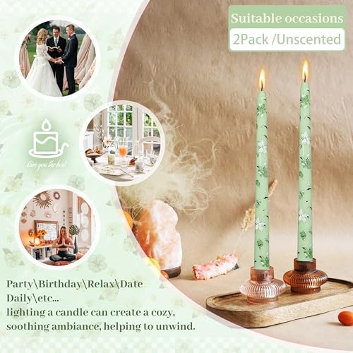 2 Set Light Green White Flower Taper Candles -10 Inch Unscented Exquisite Birthday Gifts Perfect for Valentine's Day Dinner Party Wedding Anniversary - Image 3
