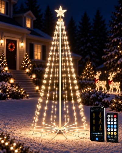 8FT Outdoor Christmas Cone Tree Light, Warm White LED Light Show with Star by EFFICEDIY