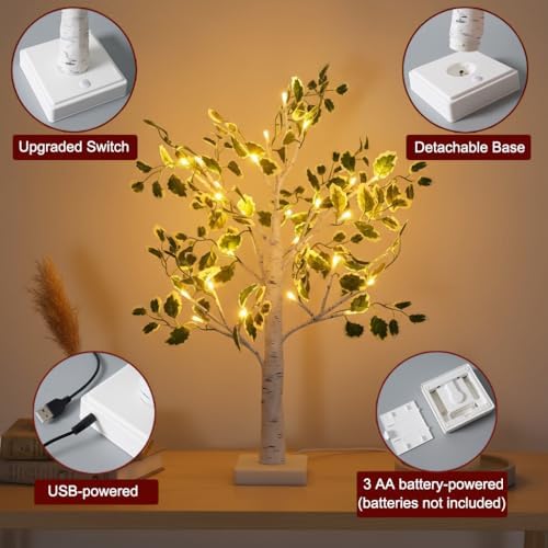 Lighted Birch Trees with Green Leaves for Indoor Decor, 2ft Light Up Tree Lamp with Timer, Fairy Light Spirit Tree for Christmas, Office, Wedding, Home Decorations, USB/Battery Powered - Image 2