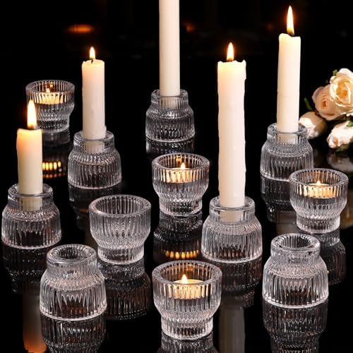 12 Pack Clear Taper Candle Holders, Glass Candlestick Holders by LOVELIGHTLOVELIFE