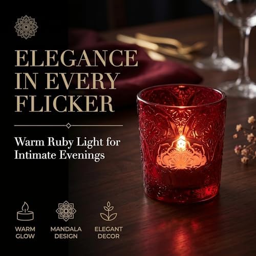 Ruby Red Mandala Glass Tealight Holders, 12 Pack - Image 2