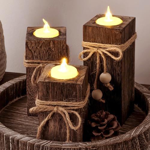 Rustic Wood Candle Holders with Battery Operated Candles Farmhouse Decor 3P - Image 6