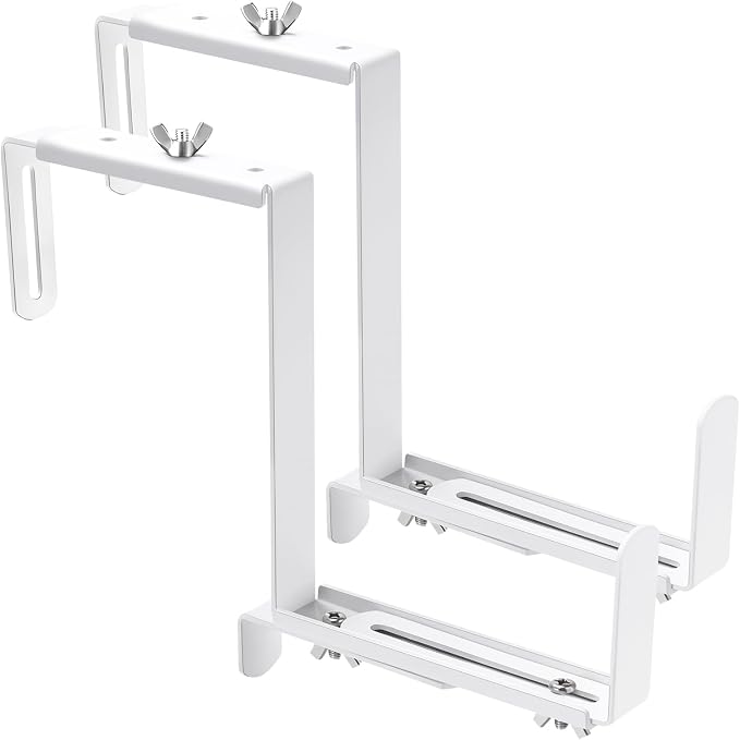 VIVIKEN Planter Box Brackets, Adjustable Flower Box Brackets for Deck Railing, 2 Pack No Drill Window Box Bracket for Outdoor Planters-White