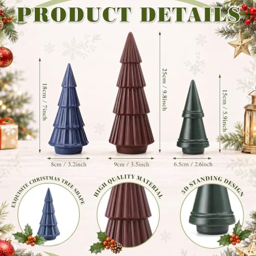 3 Pcs Neutral Christmas Tree Figurines,Burgundy Green Navy Blue - Image 3