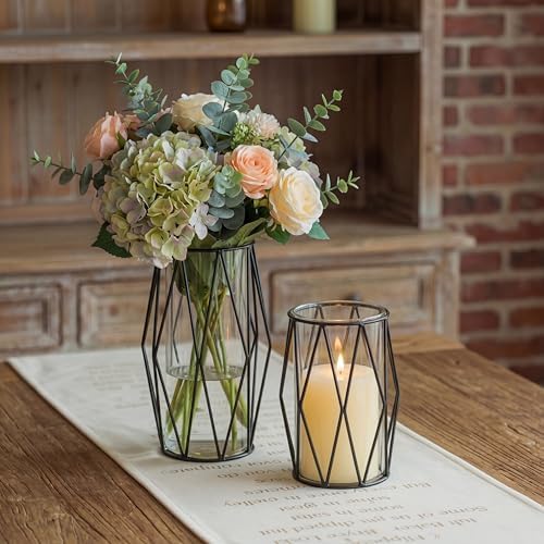 NUPTIO Black Geometric Hurricane Glass Candle Holders, Set of 2 by Nuptio