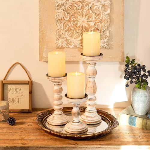 Wood Pillar Candle Holder: Rustic Distressed White Candle Stand - Image 3