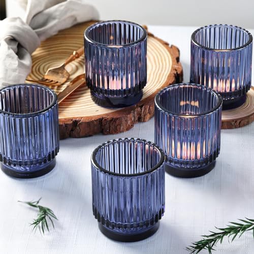 DEVI 8 Pcs Blue Votive Candle Holder for Wedding Centerpieces, Glass Ribbed Tea Light Holder for Wedding Table Decorations, Navy Blue Decor for Party Home Farmhouse Decorations by DEVI