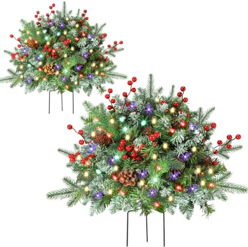 Prelit Outdoor Christmas Tree Urn Filler with 70 Mulitcolor Light Pre-Decorated Frosted Christmas Urn Filler for Pathway &Porch& Yard Decorations by ENVEN