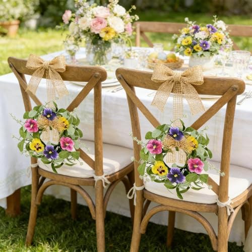 4 PCS Mini Spring Summer Kitchen Cabinet Wreaths Small Pansy Flowers Wreath for Front Door with Fern Branches Ribbon Small Flocked Lamb Ear Leaves Wreath for Indoor Outdoor Farmhouse Porch Wall Decor - Image 2