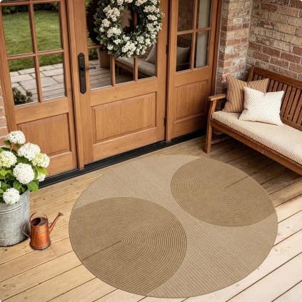 Easy Jute Round Rug 4ft: Outdoor Natural Area Rugs for Front Patio Linen-Look Fabric Durable - Neutral Washable Carpet Mat for Entryway Bedroom Bathroom Non-Slip - Geometric Arch Pattern