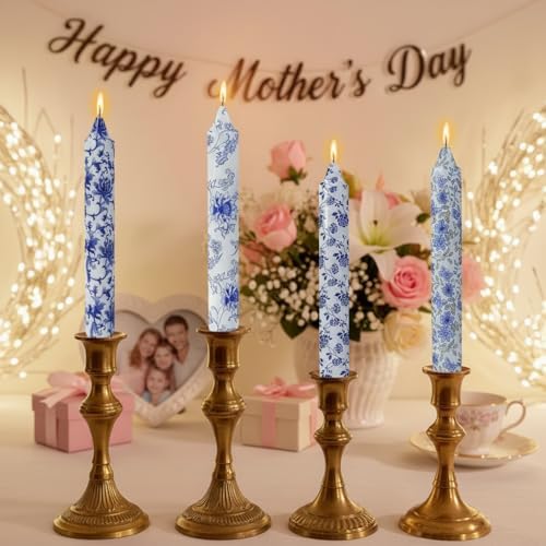 Flowers Printed Candle Taper Candles 9 inch - 4 Pack Blue and White Porcelain Candle Dripless, Smokeless, Unscented Tall Candlesticks - Perfect for Home Decor, Weddings, and Special Occasions - Image 6