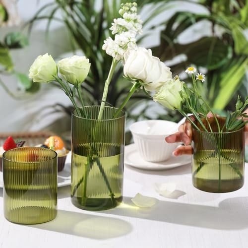 6 Green Ribbed Cylinder Glass Vases for Wedding Centerpieces & Table Decor - Image 6