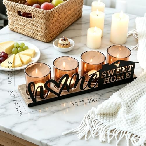 Amber Glass Candle Holder with Farmhouse Wood Tray, Sweet Home Tealight Holder Centerpiece for Dining Table, Rustic Metal Sign Votive Tray for Fireplace Mantel Living Room Decor Housewarming Gift - Image 6