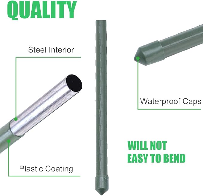 Mininfa Steel Plant Stakes 3 Feet, Plastic Coated Metal Garden Stakes Supports Climbing for Tomatoes, Trees, Beans, 25 Pack