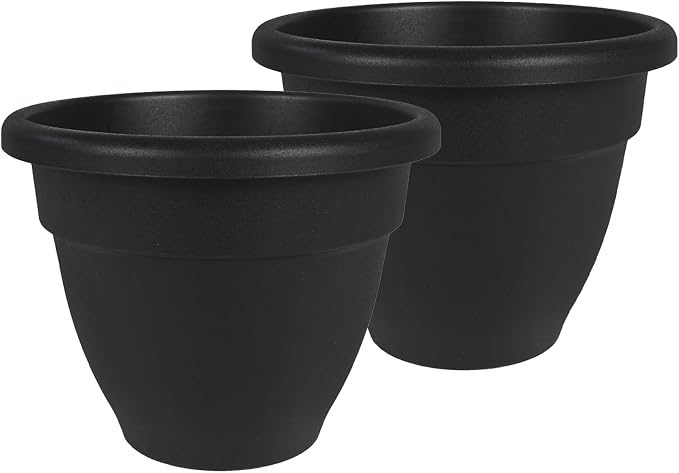 The HC Companies 16 Inch Caribbean Planter Pots with Drainage & Plug, Rolled Rim Plastic Planters for Indoor & Outdoor Plants, 2-Pack Decorative Flower Pots for Garden, Office & Home Decor, Black