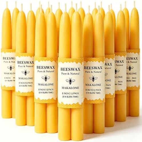Beeswax Taper Candles,100% Natural Bees Wax Candle Sticks,18 Pack,8 Inch by MAKALONE