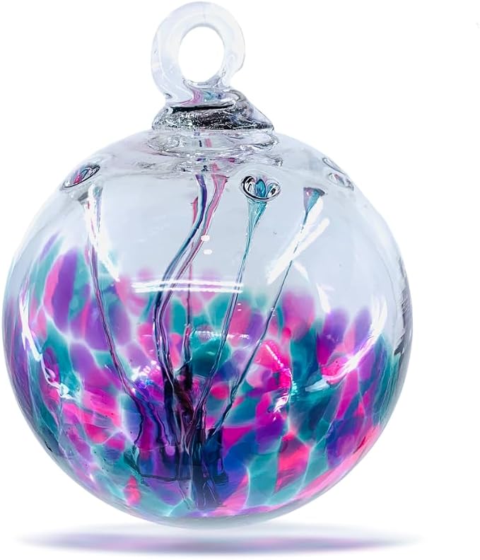 Luke Adams Glass | 4" Large Glass Tree of Life | Handmade Ornament | Hanging Garden Gazing Ball | Indoor Outdoor Home Décor | (Pink Violet Teal)