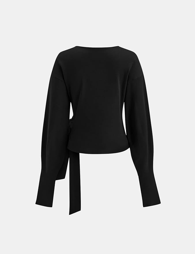Dsewpaur Twist Knot Tie Front Sweatshirt Tops For Women Long Balloon Sleeve Crew Neck Pullover Casual Fall Outfits