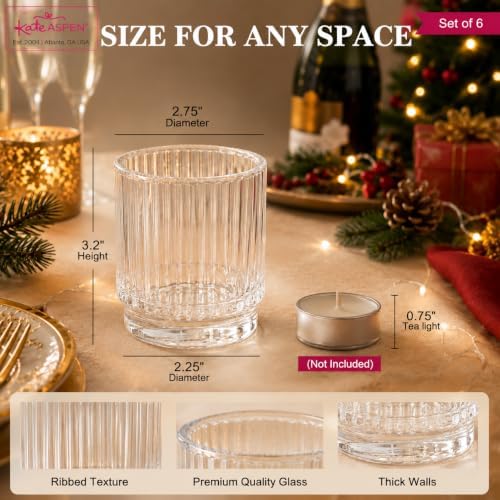 Kate Aspen Vintage Ribbed Glass Candle Holders Set of 6 - Votive & Tealight Candle Holder Decor for Holiday Table Decor, Christmas Dining Tablescape, Fall & Boho Home Accents (Clear) - Image 2