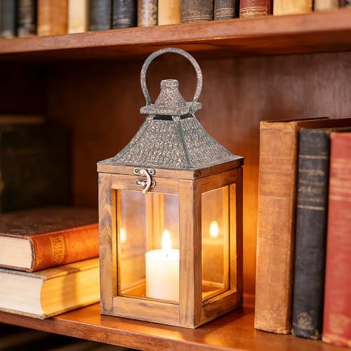 12" High Farmhouse Decorative Lantern, Glass and Metal, Distressed Brown Wood Finish, Rustic Brown Metal Top, Indoor Outdoor Candle Holders (Rustic Brown, 5"x5") - Image 3