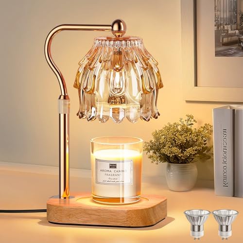 Candle Warmer Lamp with Timer Dimmer, Modern Wax Warmer for Scented Wax Jar Candle Warmer with 2 Bulbs, Adjustable Height Glass Lamp for Gifts for Women, Home Decor, Gold Amber by Qimh