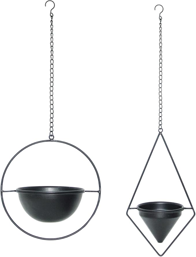 Metal Hanging Planters Set of 2 Modern Indoor Plant Hanger with Round and Diamond Pots, Geometric Small Wall and Ceiling Hanging Plant Holders for Succulents and Herbs, Black Finish