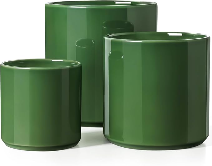 LE TAUCI 10+8+6 Inch Ceramic Pots for Plants, Indoor Planters with Drainage Hole and Plug, Modern Cylinder Flower Pots Set of 3 for Living Room and Kitchen, Glossy, Bamboo Green
