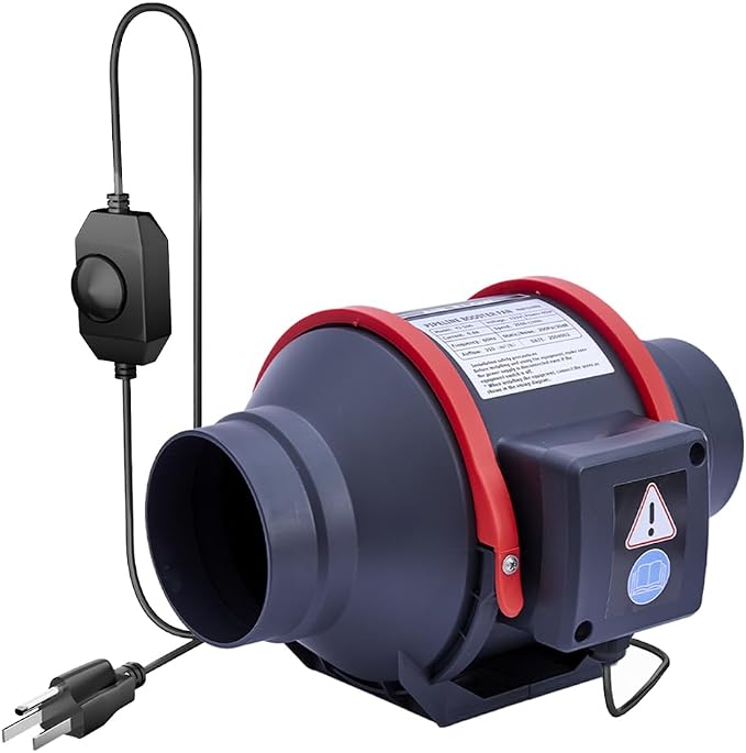 4 Inch Inline Booster Duct Fan with Speed Controller | Low Noise HVAC Vent Blower, 200 CFM Ventilation Exhaust Fan 2550 RPM, For Heating Cooling Booster, Grow Tents, Hydroponics