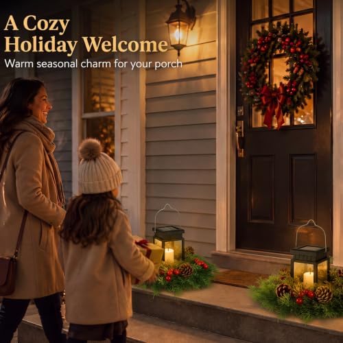 2 Pack Solar Christmas Lanterns, 2 in 1 Outdoor Candle Lantern with Wreaths - Image 6