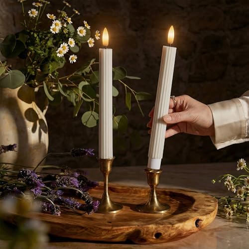 6 Pack, 10" LED Flameless Real Wax Cream Beige Fluted Ribbed Grooved Taper Candles, Remote & 24h Timer Memory, On/Off Button, Dimmable, Flicker Mode, Battery Operated, Wedding - Image 2
