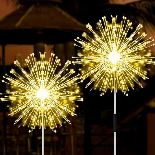 Solar Firework Lights, 2 Pack 135 LEDs 2 Lighting Modes Solar Garden Lights Outdoor Waterproof for Yard Patio Walkway Pathway Party Wedding Christmas Decorative - Warm White by JJGoo