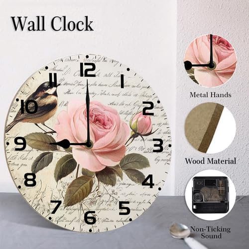 Love Birds Roses Flowers Wooden Silent Non-Ticking 10 Inch Round Clocks Battery Operated Analog for Living Room Kitchen Bedroom Bathroom Office Home School Decor