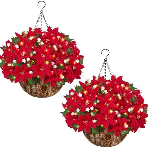 2 Pcs Christmas Artificial Poinsettia Flowers Hanging Baskets for Outdoors by Waipfaru