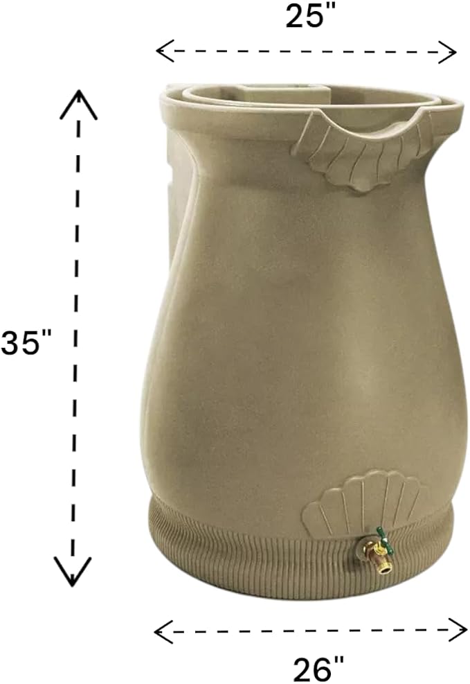 Rain Wizard Decorative Urn Rain Barrel, Durable polyethylene Resin, with Brass Spigot, Flat-Back Design,Perfect for Gardening Any Home (Khaki, 65 Gallon)