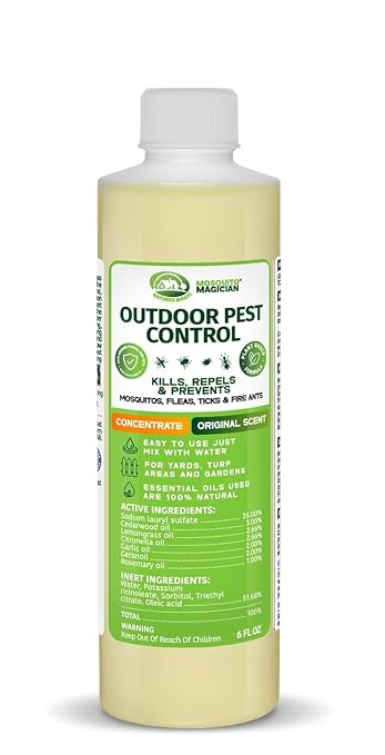 Mosquito Magician Liquid Concentrate – Kills Mosquitoes, Fleas & Fire Ants, Repels and Prevents Ticks – Essential Oil Yard Treatment Spray – for Sprayers, Foggers & Misting Systems – 6 oz, Original